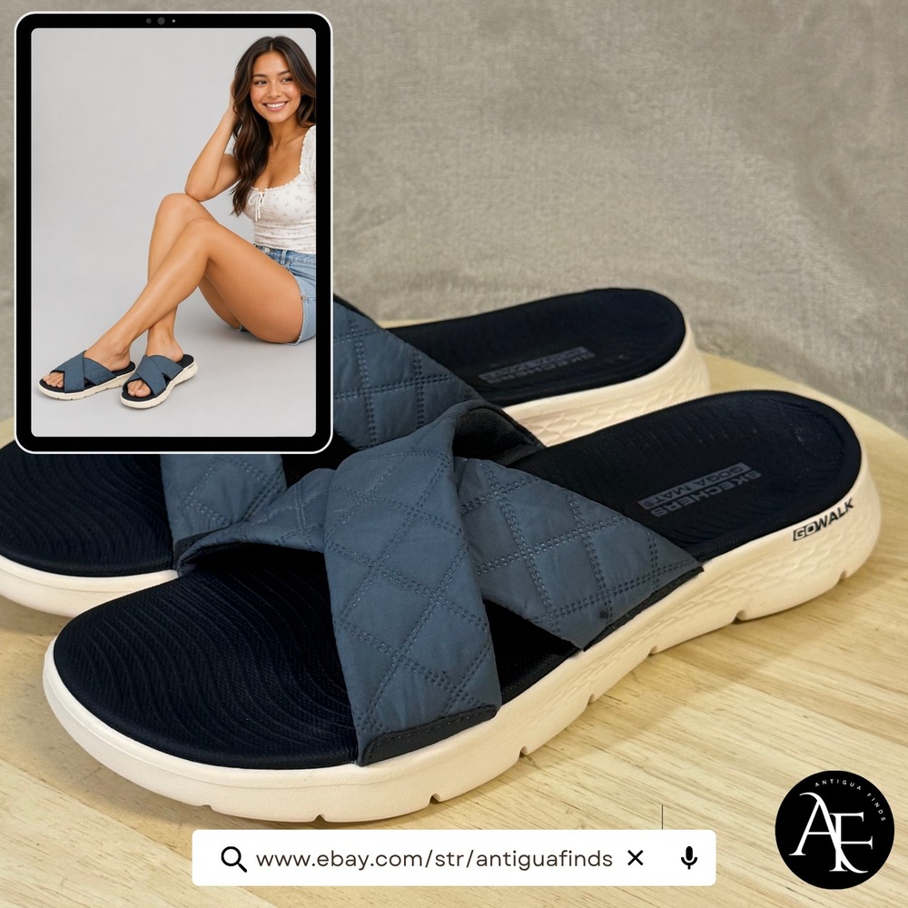 Skechers GoWalk Goga Mat Navy Quilted Cross Strap Slide Sandals 141536 Womens 9